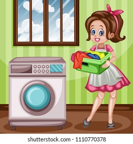 Cute Retro Housewife with Washing Machine and Laundry. Vector Illustration of a Beautiful Woman on a White Background