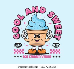 Cute retro ice cream cone cartoon character, perfect for T-shirt prints, posters, sticker. Colorful design. vector illustration