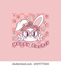 cute retro illustration of bunny with flower crown on his head for easter 