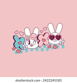 cute retro illustration of easter bunnies of love and peace 