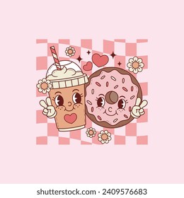 cute retro illustration of espresso coffee cup with donut for coffee lovers and lovers in love