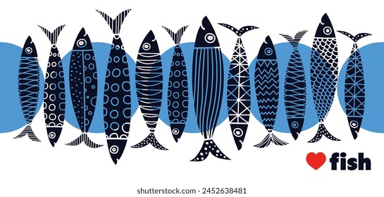 Cute retro illustration with  fish on white background. Vector illustration set. Sardine. Polka dot.