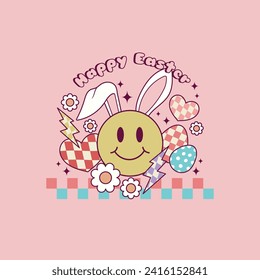 cute retro illustration of happy face with bunny ears for easter holidays