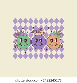 cute retro illustration of happy faces for mardi gras parties