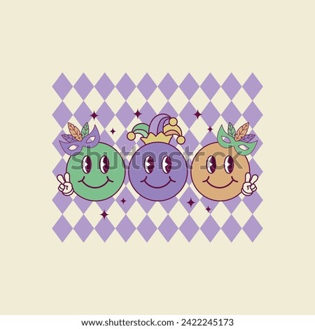 cute retro illustration of happy faces for mardi gras parties