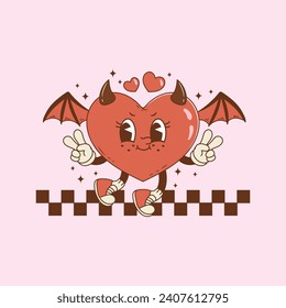 cute retro illustration of heart with devil costume and evil personality and bat wings