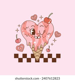 linda ilustración retro de helado con forma de corazón derretido 