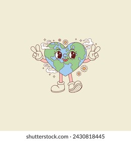 cute retro illustration of planet earth in the shape of a heart for the holidays