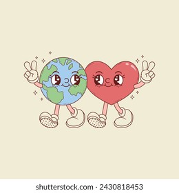 cute retro illustration of planet earth next to a heart 