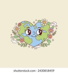 cute retro illustration of planet earth in the shape of a heart and surrounded by flowers