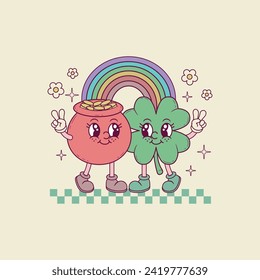 cute retro illustration of pot of gold coins and clover for patrick day holidays