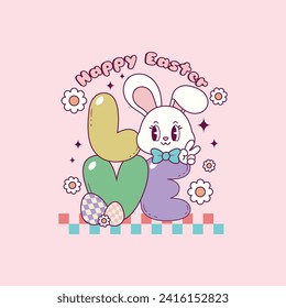 cute retro illustration of rabbit with the word love for holidays