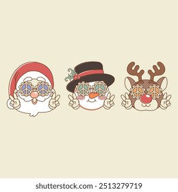 cute retro illustration of santa with snowman and reindeer wearing sunglasses