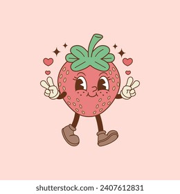 cute retro illustration of strawberry walking and smiling