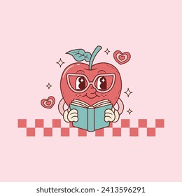 cute retro illustration for teachers of apple reading a book and wearing glasses