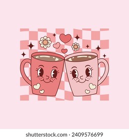 cute retro illustration of two cups of coffee as a couple for coffee lovers and lovers in love 