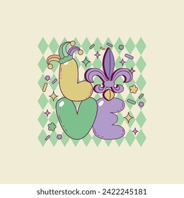 cute retro illustration of the word love for mardi gras parties 