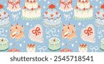Cute retro lambeth cakes seamless pattern with cherries and strawberries in coquette style.Hand drawn nostalgic dessert vector illustration. Funny birthday background, poster, social media banner.