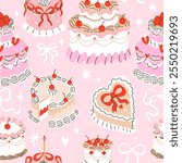 Cute retro lambeth cakes seamless pattern with cherries and strawberries in coquette style.Hand drawn nostalgic dessert vector illustration. Funny birthday background, poster, social media banner 