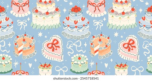 Cute retro lambeth cakes seamless pattern with cherries and strawberries in coquette style.Hand drawn nostalgic dessert vector illustration. Funny birthday background, poster, social media banner.