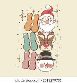 cute retro laughing illustration of santa ho ho ho next to a reindeer and a snowman