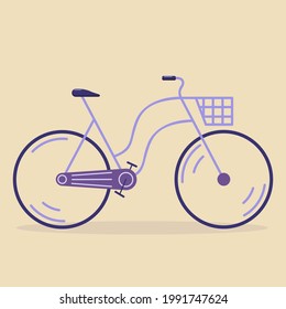 Cute retro lavender city bicycle with basket isolated on a beige background. Urban feminine cartoon ride frame in a flat style. . Vector illustration