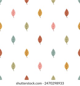 Cute retro leaves seamless vector pattern. Floral Scandi design. Vintage hand drawn background for kids room decor, nursery art, gift, fabric, textile, wrapping paper, wallpaper, packaging, apparel.