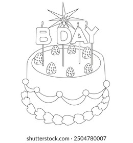 Cute retro linear birthday cake with raspberries and cream. Vector flat set of cakes for birthday, holiday. Vintage line cake collection with retro decorations