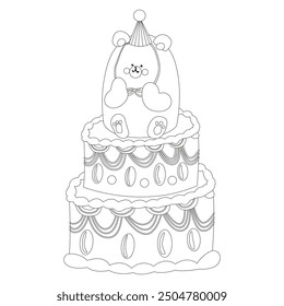 Cute retro linear birthday cake with raspberries and cream. Vector flat set of cakes for birthday, holiday. Vintage line cake collection with retro decorations