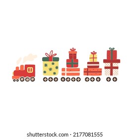 A cute retro locomotive engine, the steam train delivers gift boxes with bows and ribbons. Christmas greeting card in vintage style. Vector hand-drawn mid-century style illustration with texture.