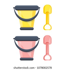Cute retro luxury gold rich kids children shiny vintage sea swimming bucket beach toys for make sand castle in pink colors on white. Modern flat style vector illustration icons. Summer holiday.