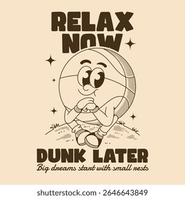 Cute retro mascot relaxing before chasing big basketball dreams