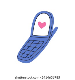 Cute retro mobile phone and love message in a flat style. Valentine's day doodle vector illustration isolated on white background. Good for stickers, cards design, tags, clipart. Groovy style