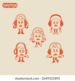 Cute Retro Music Characters Vector Illustrations of Happy and Sad Emojis with Headphones