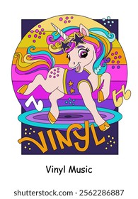 Cute retro music unicorn on a vinyl record. Vector color cartoon illustration on white background. Linear drawing. For colorings, prints, posters, stickers, puzzle