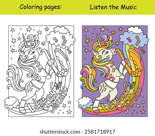 Cute retro music unicorn on a vinyl record. Kids coloring book page with color template. Vector cartoon illustration. Linear drawing. For colorings, prints, posters, stickers, puzzle