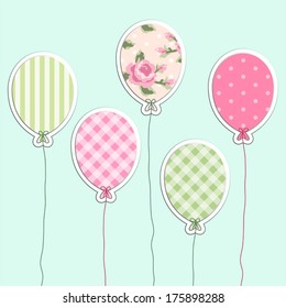 Cute retro party balloons as applique from scrap booking paper as decoration for birthday or baby shower invitation card or photo album