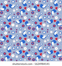 Cute retro pattern with birds with a heart and flowers on a bluish background. Holiday design.