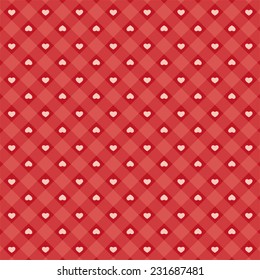 Cute retro pattern with simple tiny hearts on gingham background