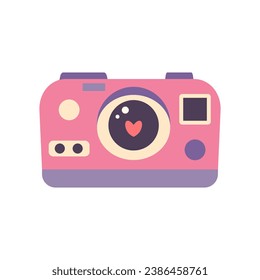 Cute retro photo camera with a heart. Modern digital device with lens in vintage style. Flat cartoon vector illustration isolated on a white background.