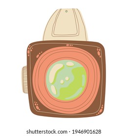 Cute retro photo camera icon in cartoon flat design. Old style camera with battery grip clip art in doodle style. Vector illustration isolated on white background.