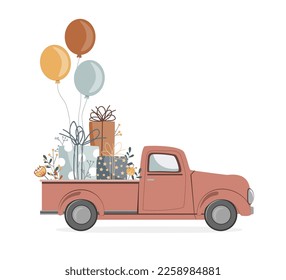 Cute retro pickup track delivering gifts, flowers, and balloons. Special car delivery. Valentines day, birthday or wedding concept. Love, Romantic vector illustration in flat cartoon style
