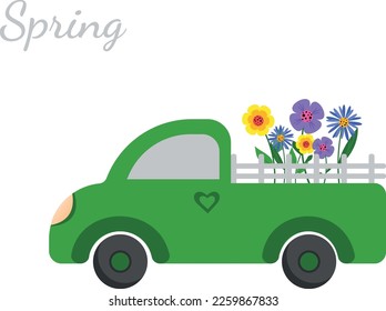 Cute retro pickup track delivering flowers.Flat vector illustration.