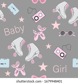 cute retro picture with rollers, ball and cassettes. seamless pattern