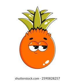 Cute retro pineapple character sticker. Trendy comic tropical fruit with cute face. Groovy summer vector illustration 70s, 80s vintage style