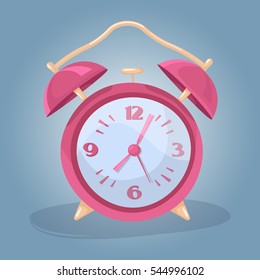 Cute retro pink alarm clock in a cartoon style. Morning. Vector illustration