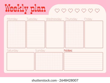 Cute retro Pink Weekly Planner with Grid and Notes Sections and Heart Icons for a habbits