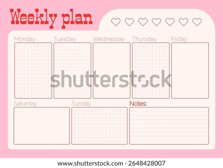 Cute retro Pink Weekly Planner with Grid and Notes Sections and Heart Icons for a habbits