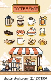 Cute Retro Pixel Art Of Cafe Bistro Facade And Various Food And Drink Elements