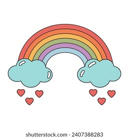 Cute retro rainbow with hearts and clouds. Love symbol, groovy rainbow. Valentine day concept. 